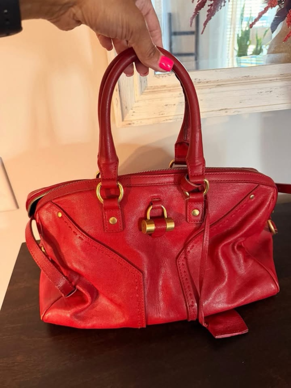 Yves Saint Laurent Red Leather Top-Handle Shoulder Bag